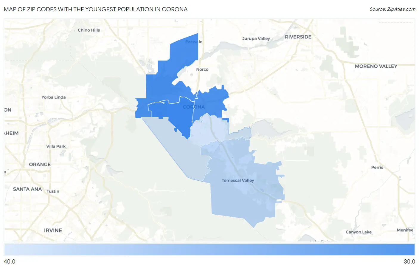 Zip Codes with the Youngest Population in Corona Map