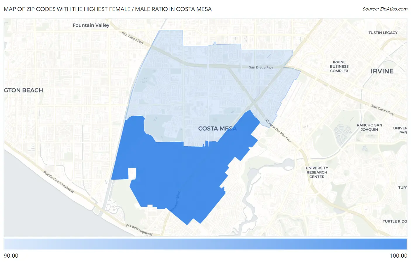 Zip Codes with the Highest Female / Male Ratio in Costa Mesa Map