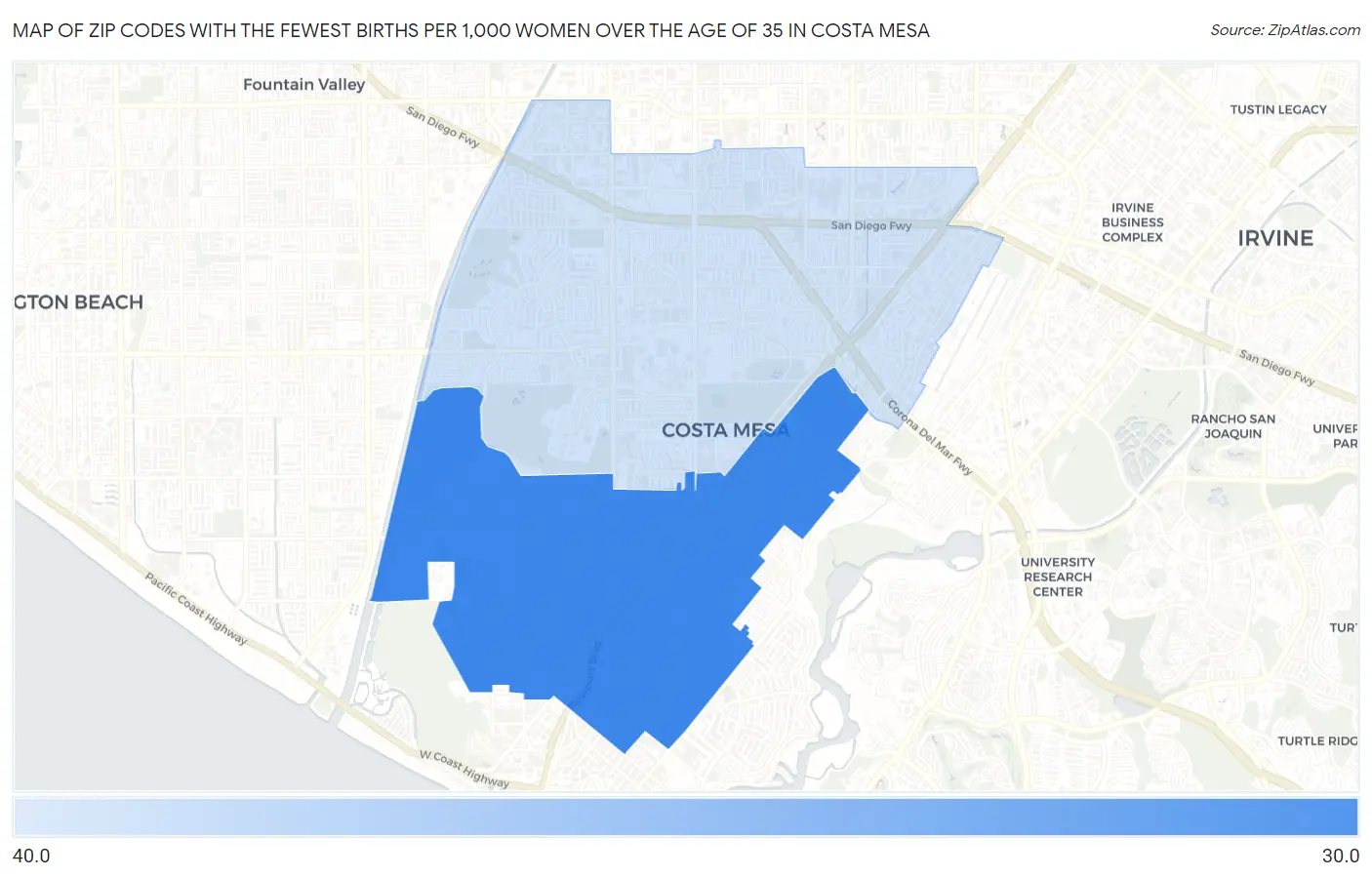 Zip Codes with the Fewest Births per 1,000 Women Over the Age of 35 in Costa Mesa Map