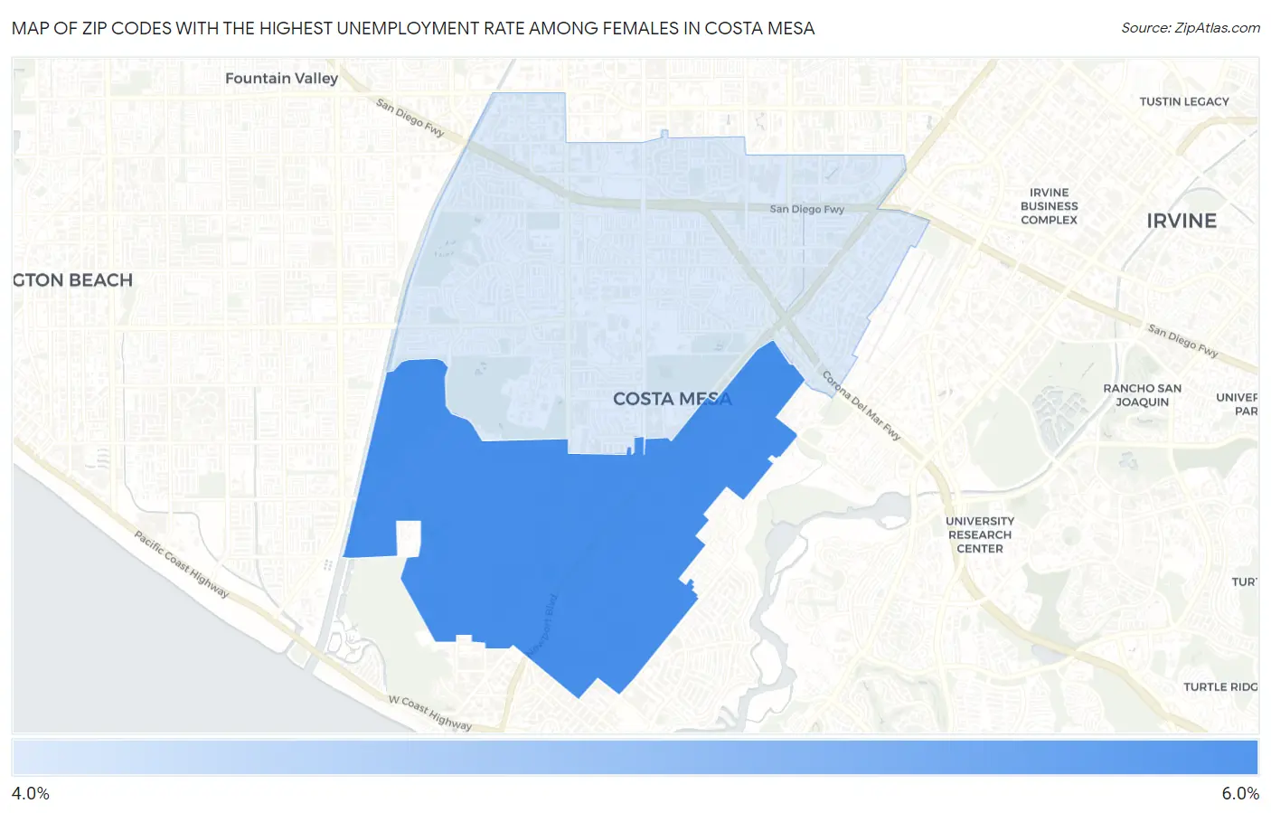 Zip Codes with the Highest Unemployment Rate Among Females in Costa Mesa Map