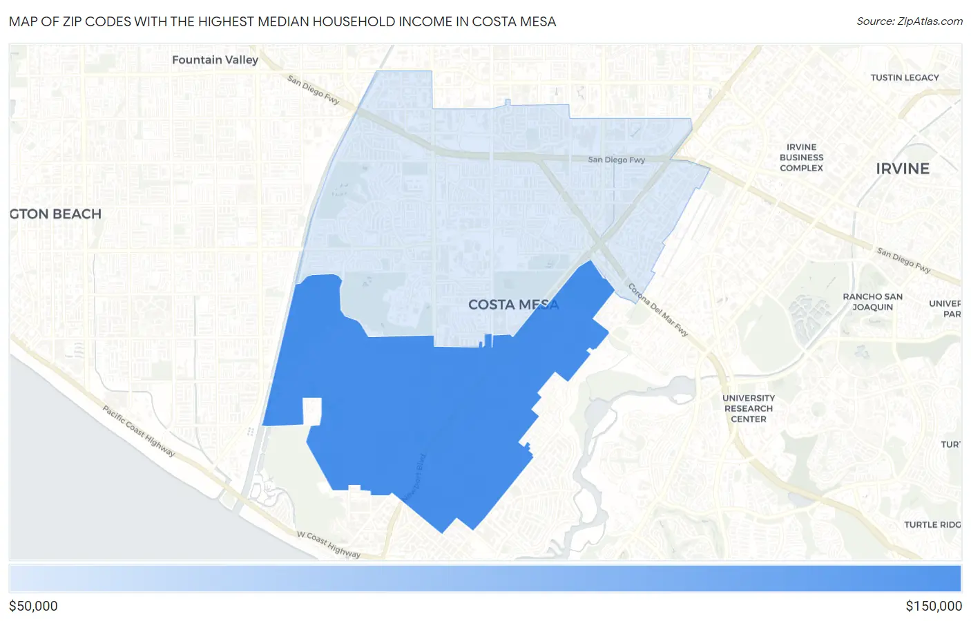 Zip Codes with the Highest Median Household Income in Costa Mesa Map