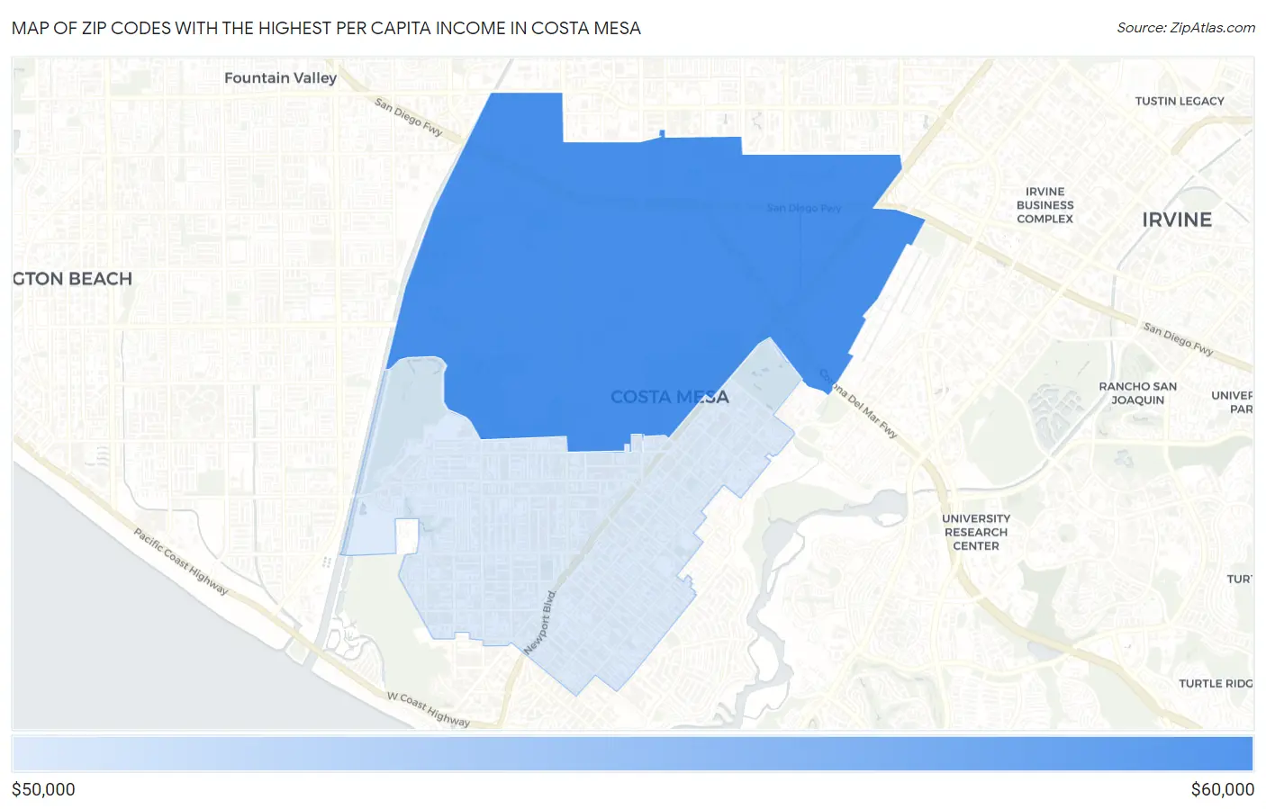Zip Codes with the Highest Per Capita Income in Costa Mesa Map