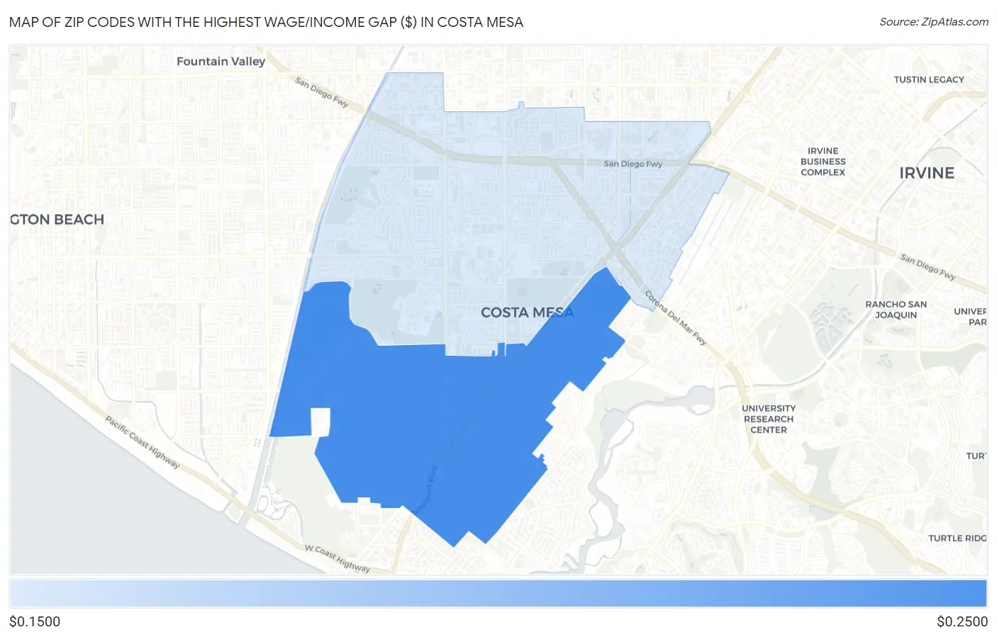Zip Codes with the Highest Wage/Income Gap ($) in Costa Mesa Map