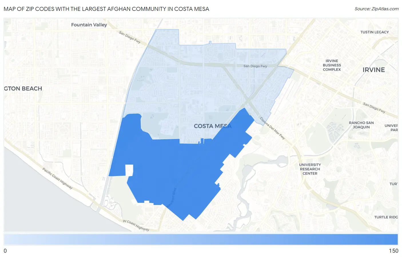 Zip Codes with the Largest Afghan Community in Costa Mesa Map