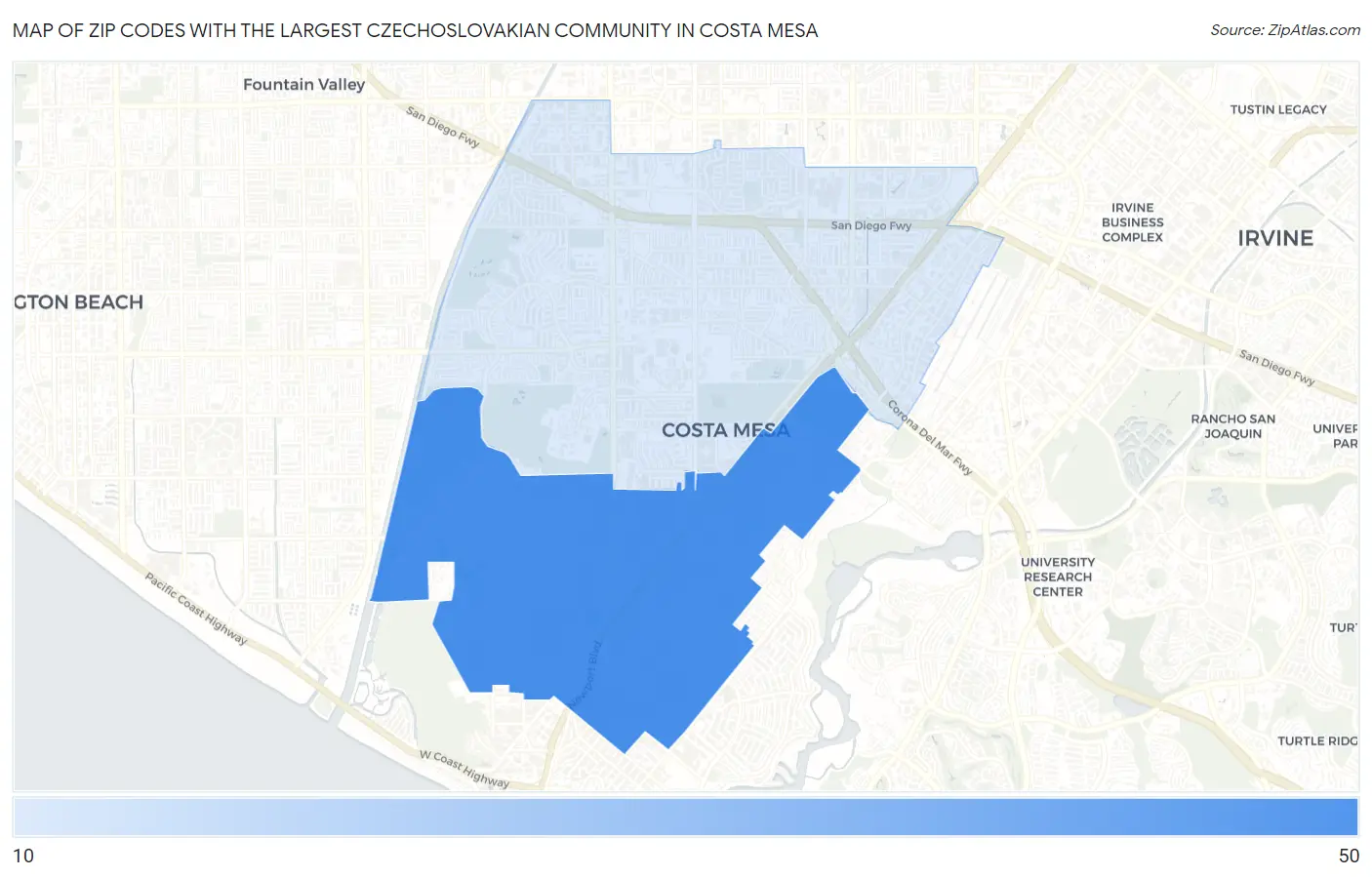 Zip Codes with the Largest Czechoslovakian Community in Costa Mesa Map