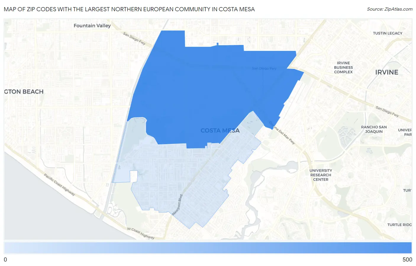 Zip Codes with the Largest Northern European Community in Costa Mesa Map
