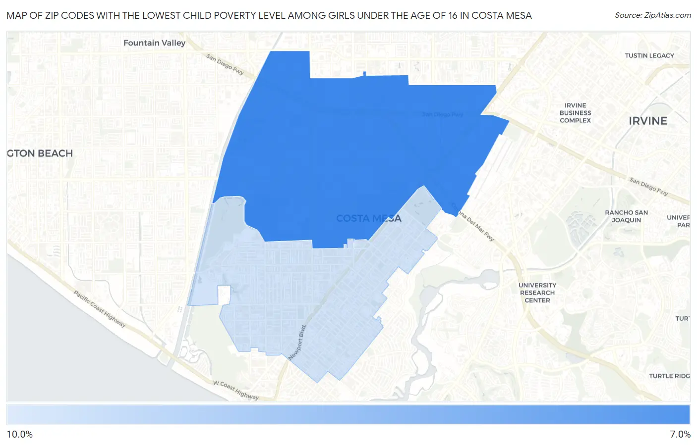 Zip Codes with the Lowest Child Poverty Level Among Girls Under the Age of 16 in Costa Mesa Map