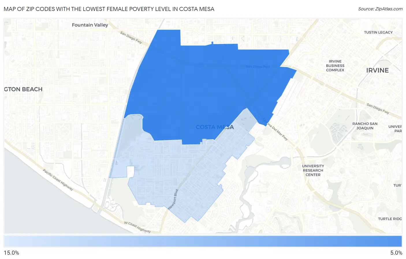 Zip Codes with the Lowest Female Poverty Level in Costa Mesa Map