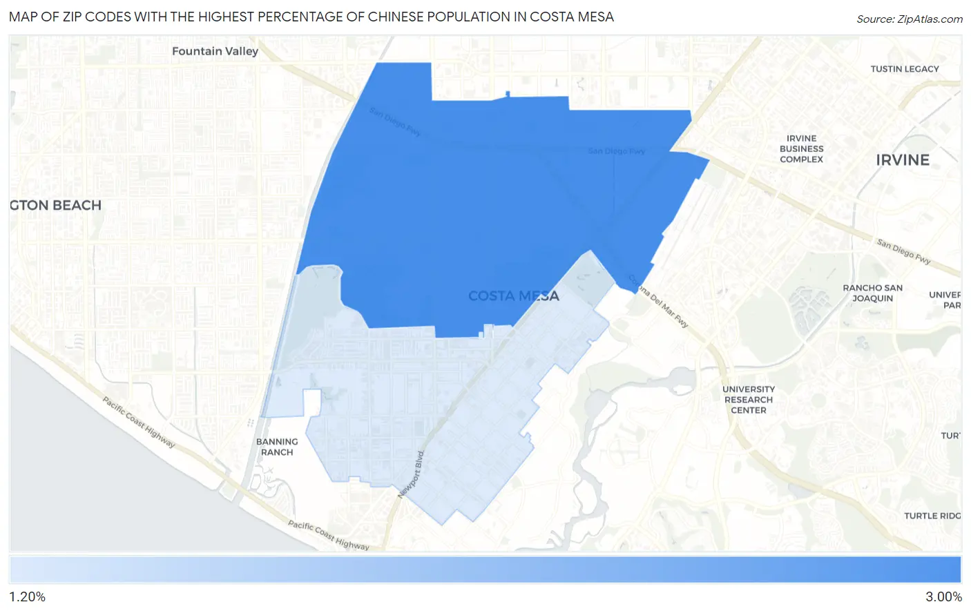 Zip Codes with the Highest Percentage of Chinese Population in Costa Mesa Map