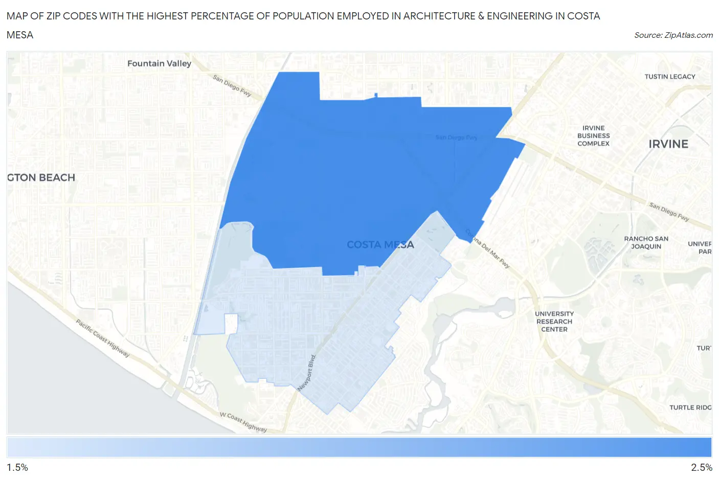 Zip Codes with the Highest Percentage of Population Employed in Architecture & Engineering in Costa Mesa Map