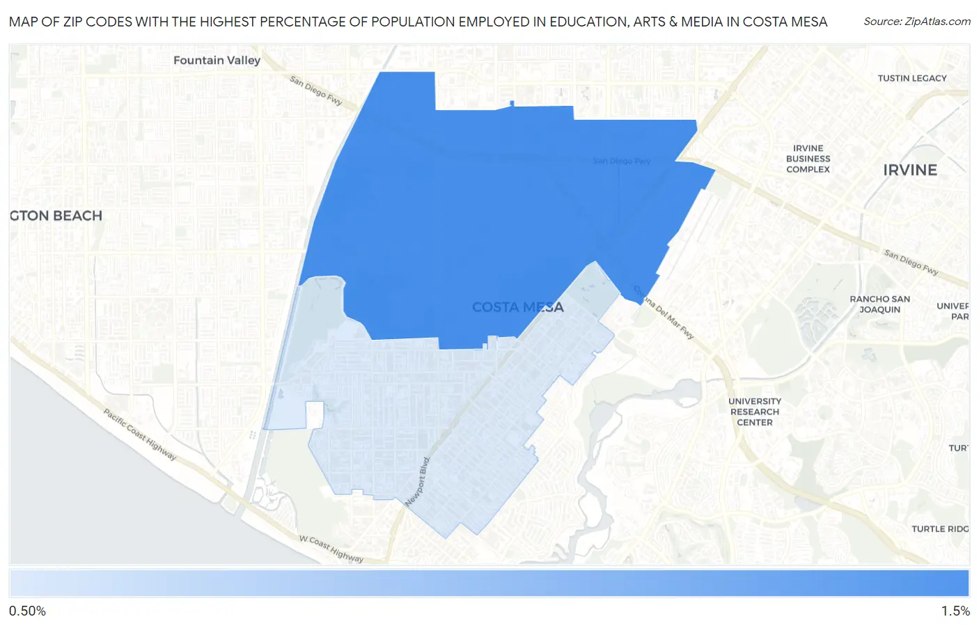 Zip Codes with the Highest Percentage of Population Employed in Education, Arts & Media in Costa Mesa Map