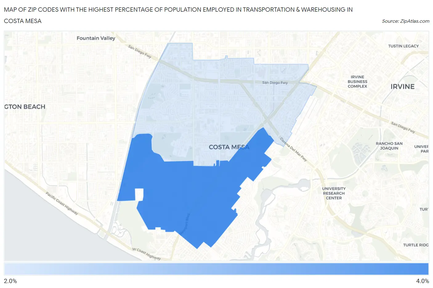 Zip Codes with the Highest Percentage of Population Employed in Transportation & Warehousing in Costa Mesa Map