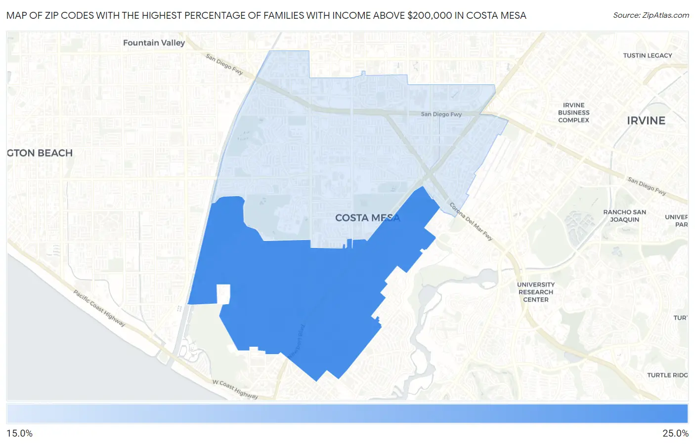 Zip Codes with the Highest Percentage of Families with Income Above $200,000 in Costa Mesa Map