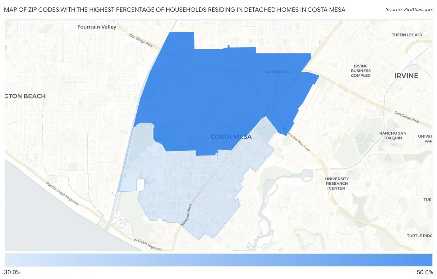 Zip Codes with the Highest Percentage of Households Residing in Detached Homes in Costa Mesa Map