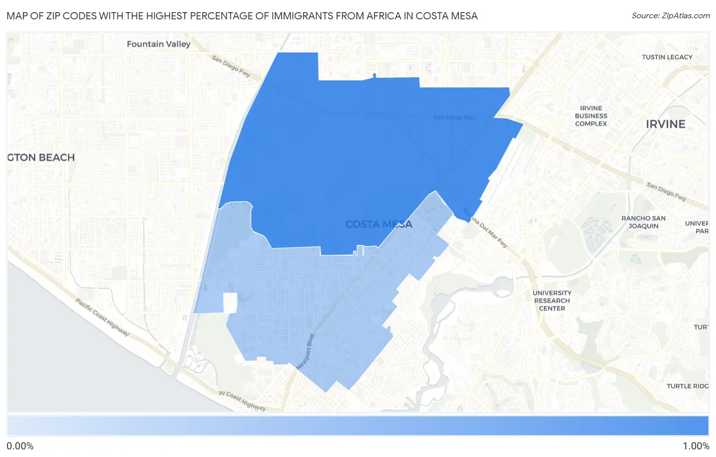 Zip Codes with the Highest Percentage of Immigrants from Africa in Costa Mesa Map
