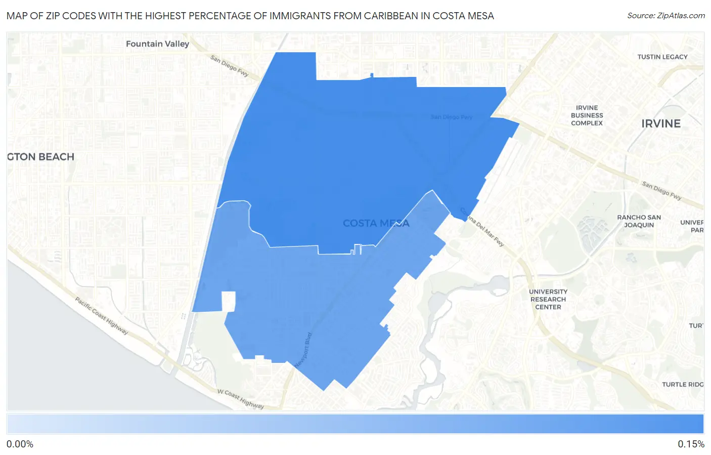 Zip Codes with the Highest Percentage of Immigrants from Caribbean in Costa Mesa Map