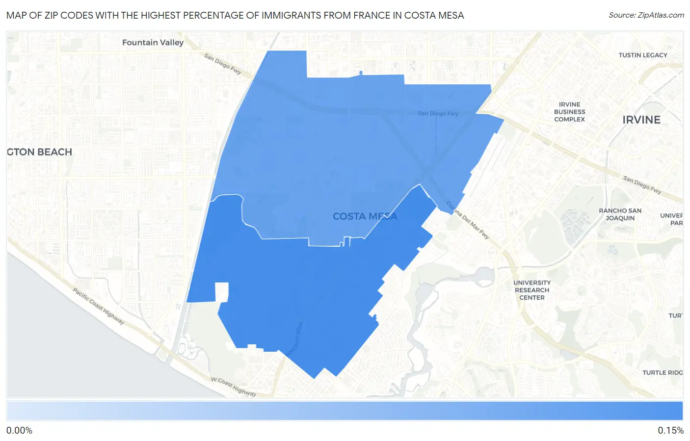 Zip Codes with the Highest Percentage of Immigrants from France in Costa Mesa Map