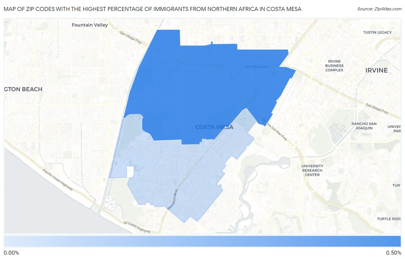 Zip Codes with the Highest Percentage of Immigrants from Northern Africa in Costa Mesa Map