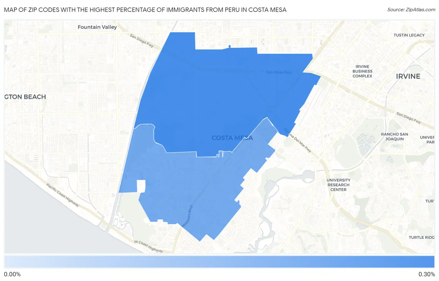 Zip Codes with the Highest Percentage of Immigrants from Peru in Costa Mesa Map
