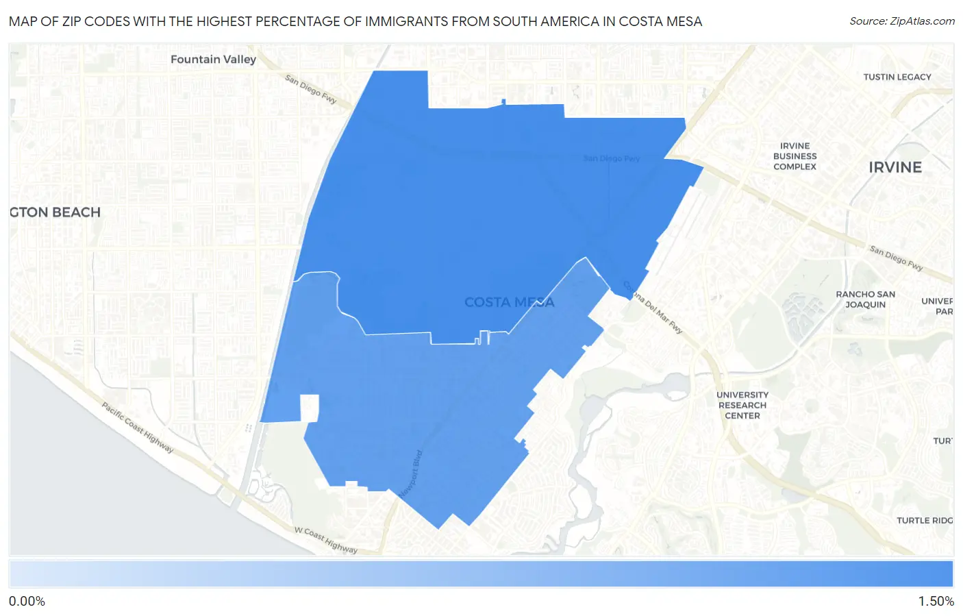 Zip Codes with the Highest Percentage of Immigrants from South America in Costa Mesa Map