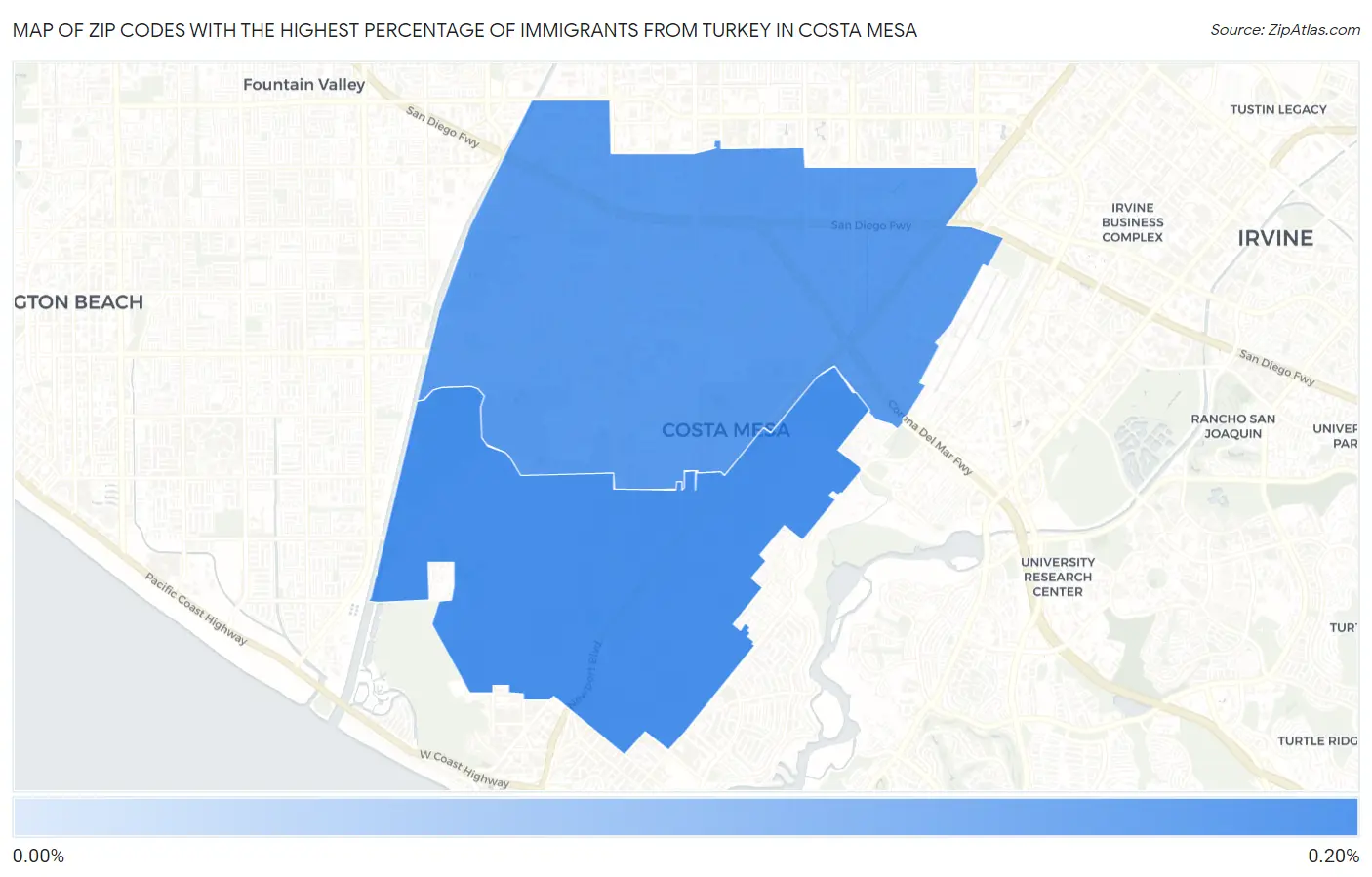 Zip Codes with the Highest Percentage of Immigrants from Turkey in Costa Mesa Map