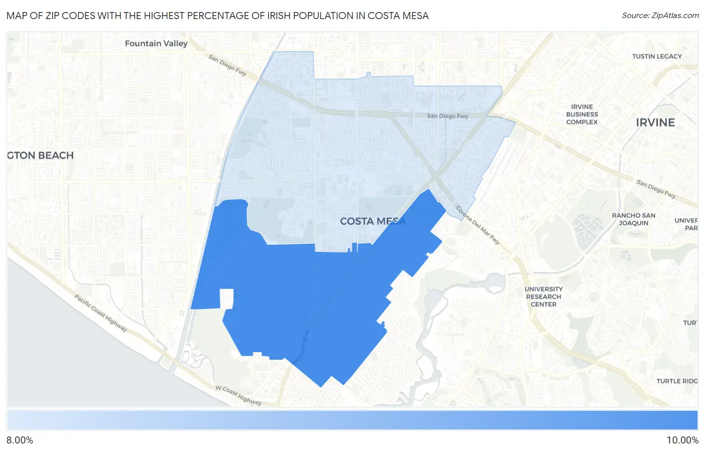 Zip Codes with the Highest Percentage of Irish Population in Costa Mesa Map