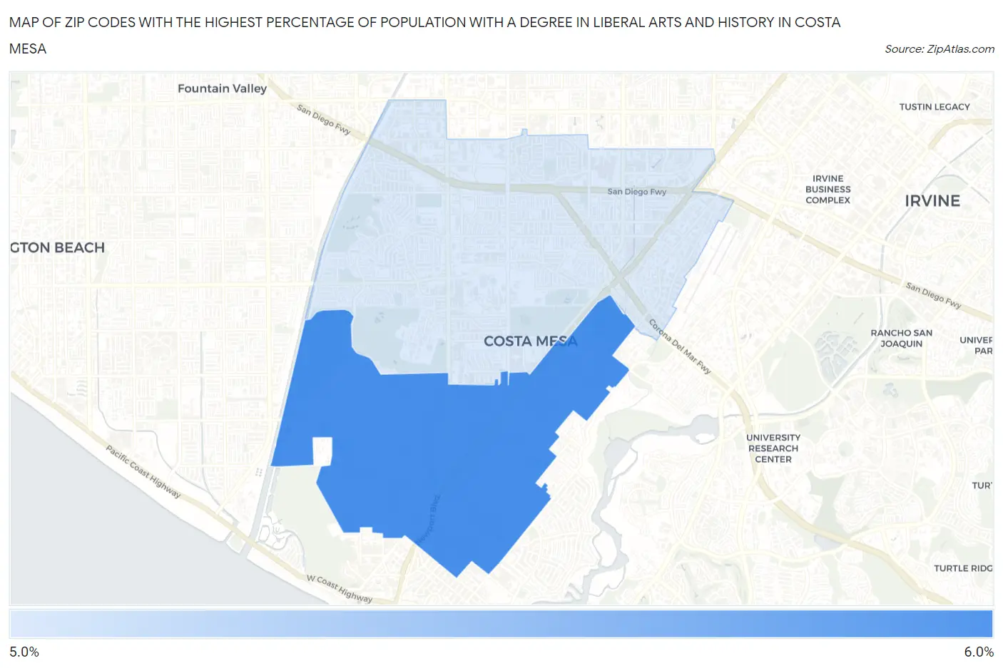 Zip Codes with the Highest Percentage of Population with a Degree in Liberal Arts and History in Costa Mesa Map