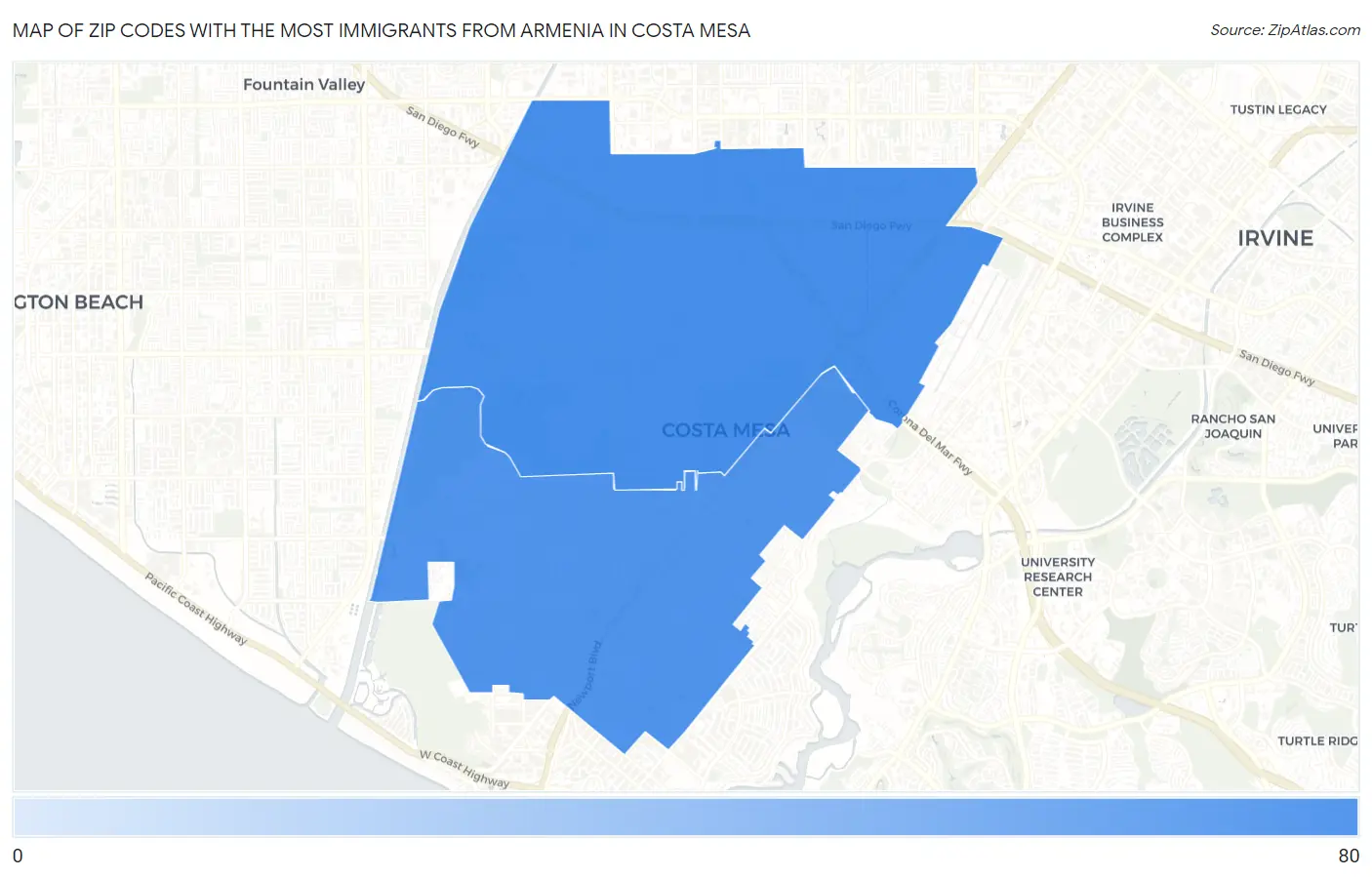 Zip Codes with the Most Immigrants from Armenia in Costa Mesa Map