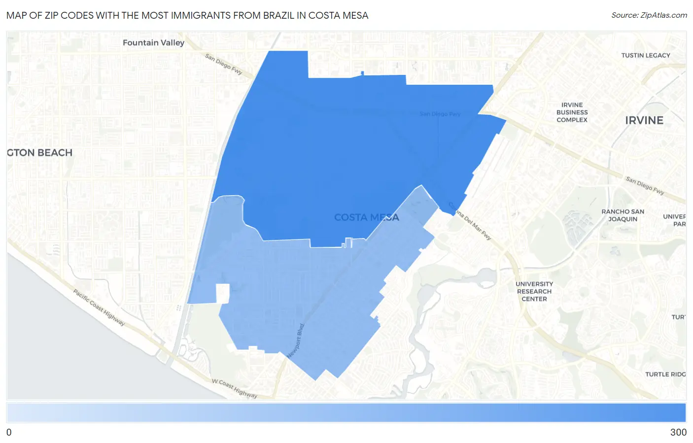 Zip Codes with the Most Immigrants from Brazil in Costa Mesa Map