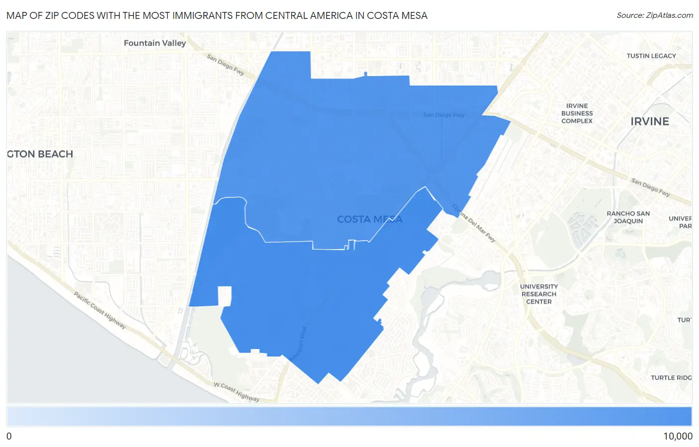 Zip Codes with the Most Immigrants from Central America in Costa Mesa Map