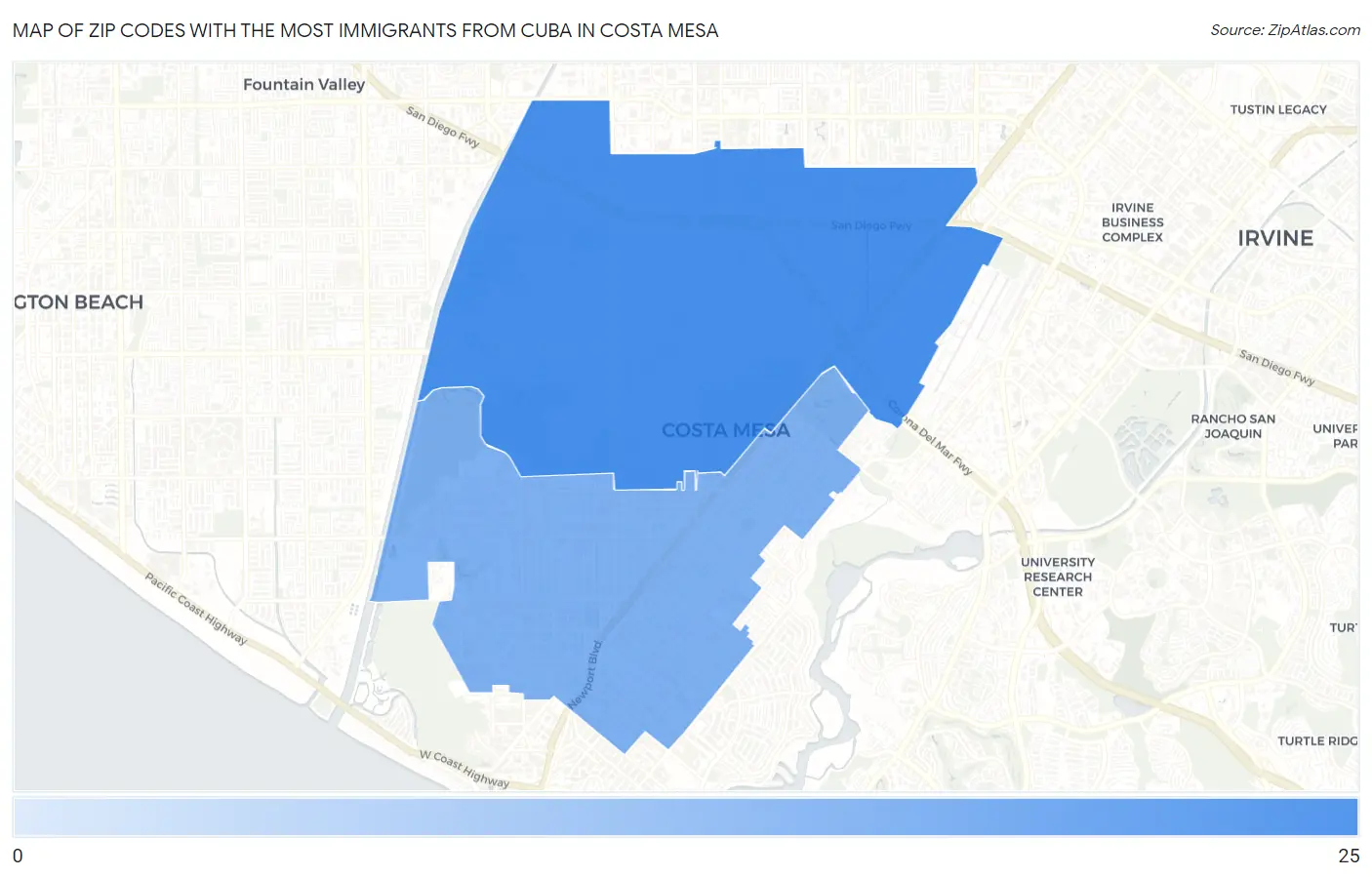 Zip Codes with the Most Immigrants from Cuba in Costa Mesa Map