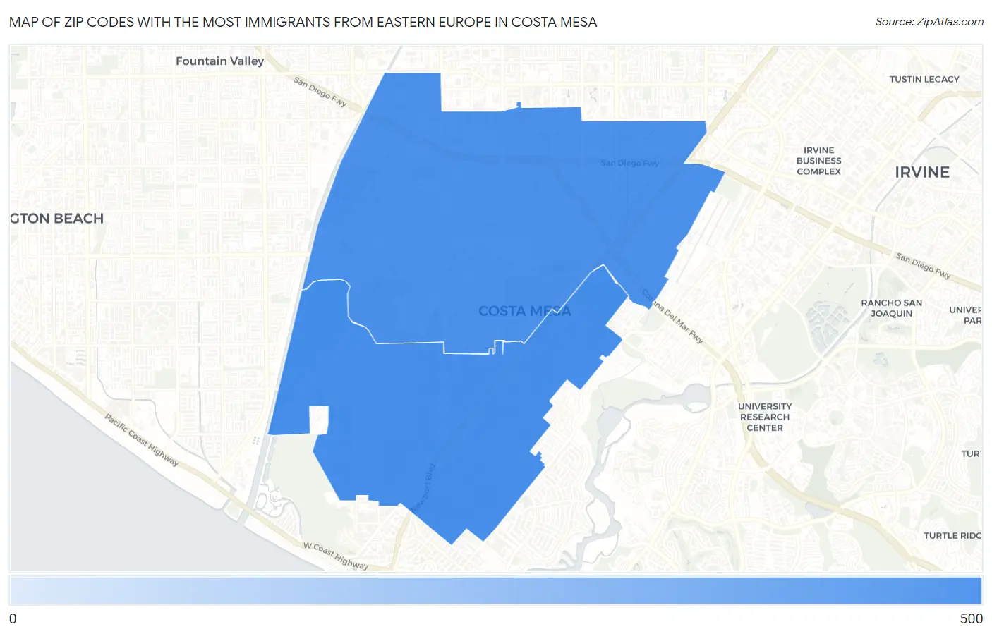 Zip Codes with the Most Immigrants from Eastern Europe in Costa Mesa Map
