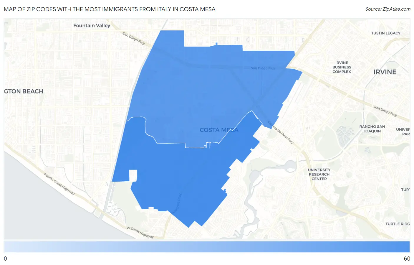 Zip Codes with the Most Immigrants from Italy in Costa Mesa Map