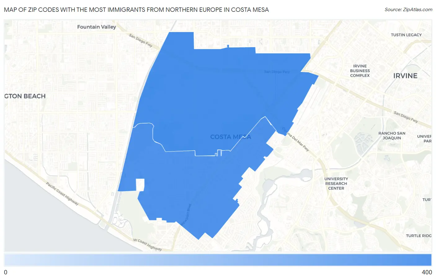 Zip Codes with the Most Immigrants from Northern Europe in Costa Mesa Map