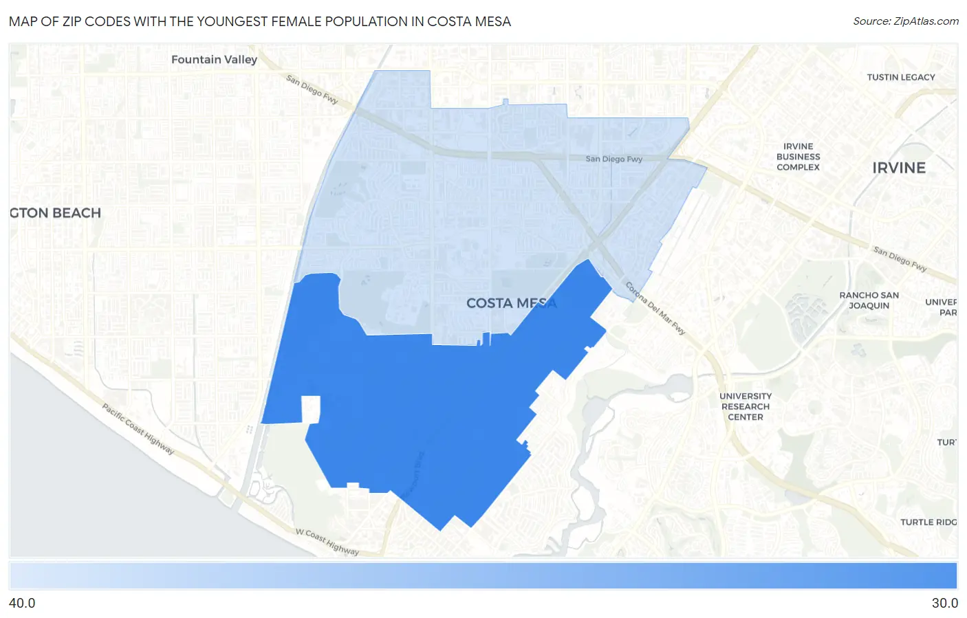 Zip Codes with the Youngest Female Population in Costa Mesa Map