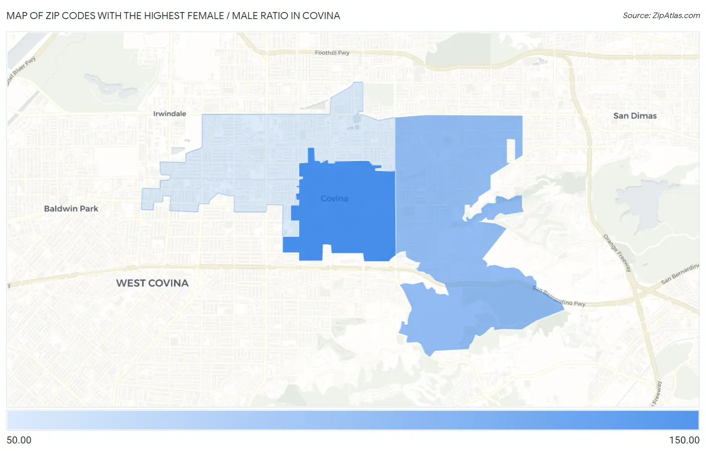 Zip Codes with the Highest Female / Male Ratio in Covina Map