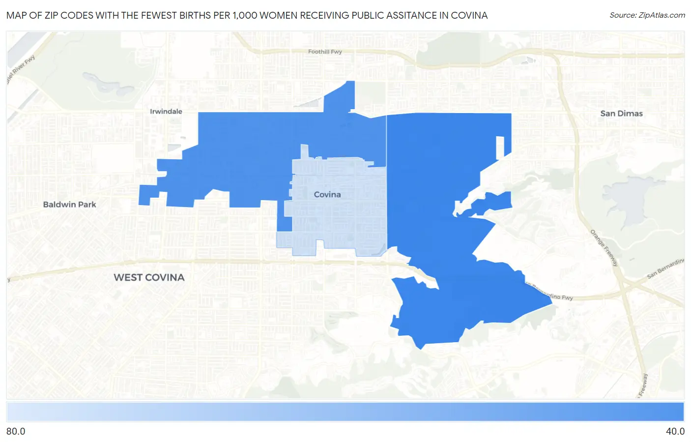 Zip Codes with the Fewest Births per 1,000 Women Receiving Public Assitance in Covina Map