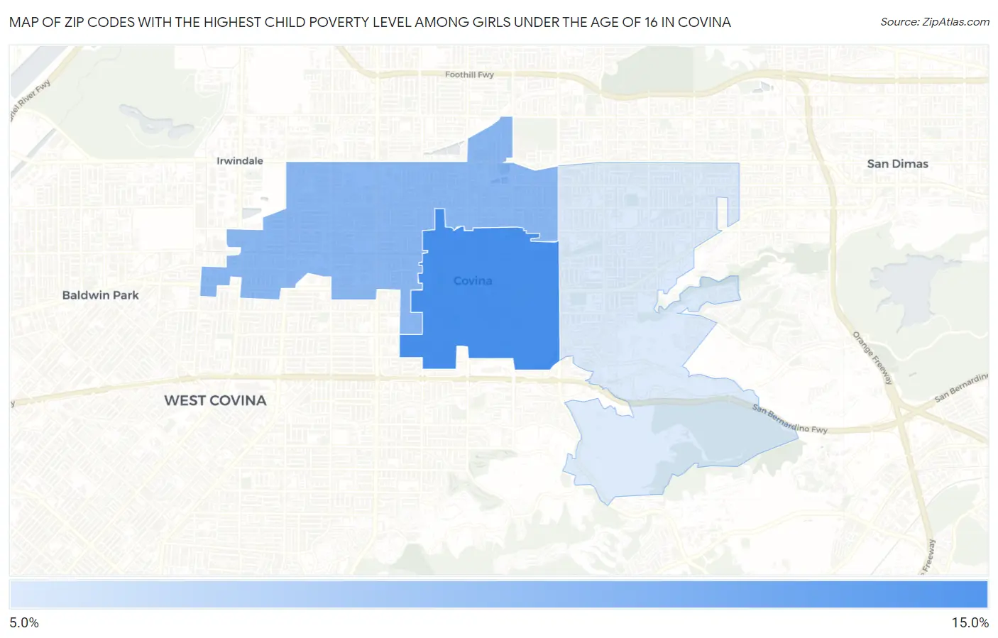 Zip Codes with the Highest Child Poverty Level Among Girls Under the Age of 16 in Covina Map