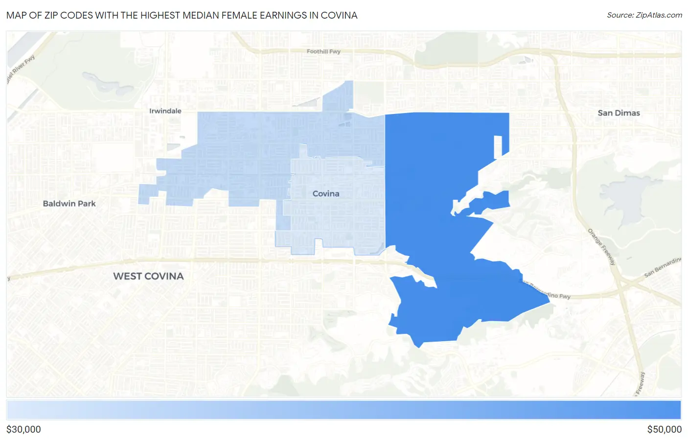 Zip Codes with the Highest Median Female Earnings in Covina Map