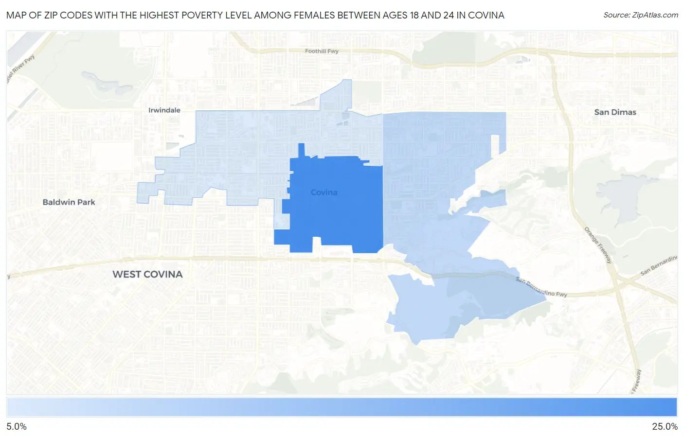Zip Codes with the Highest Poverty Level Among Females Between Ages 18 and 24 in Covina Map