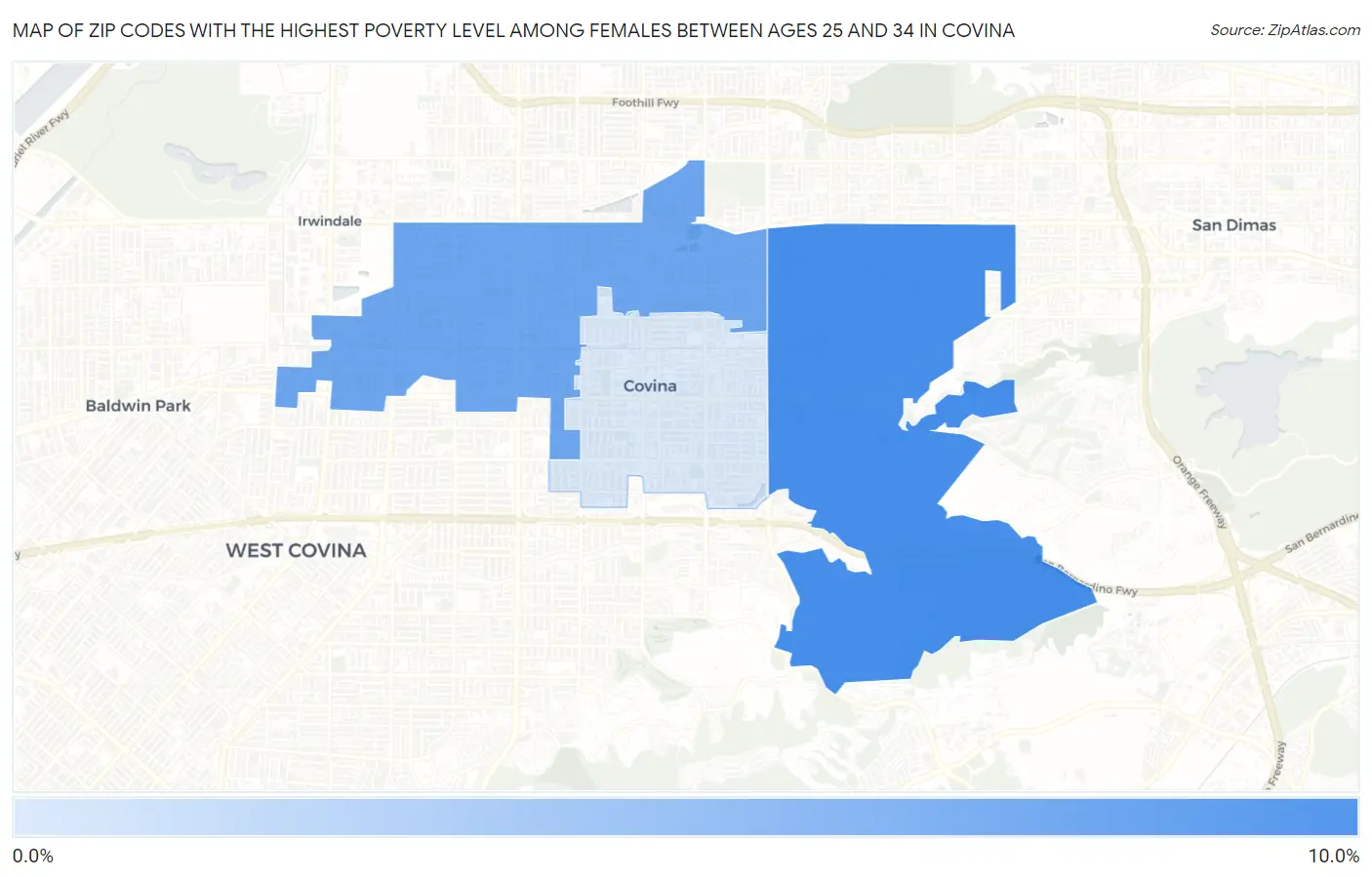Zip Codes with the Highest Poverty Level Among Females Between Ages 25 and 34 in Covina Map
