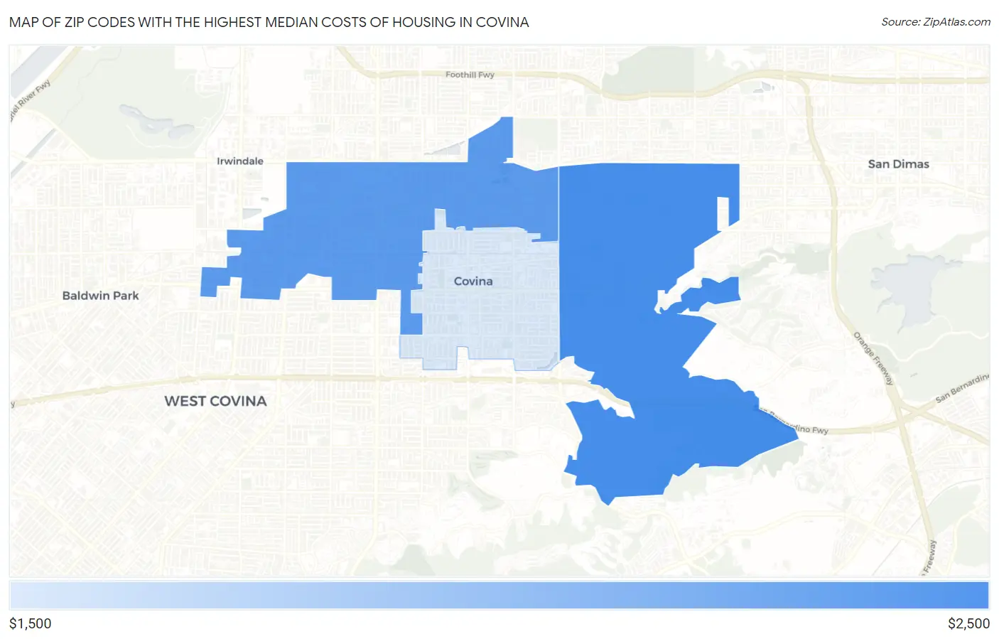 Zip Codes with the Highest Median Costs of Housing in Covina Map