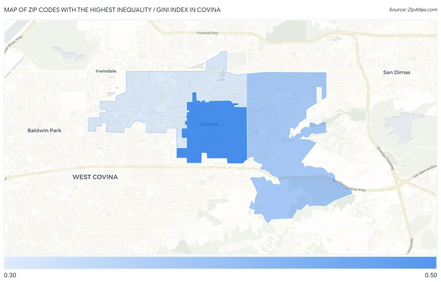 Zip Codes with the Highest Inequality / Gini Index in Covina Map