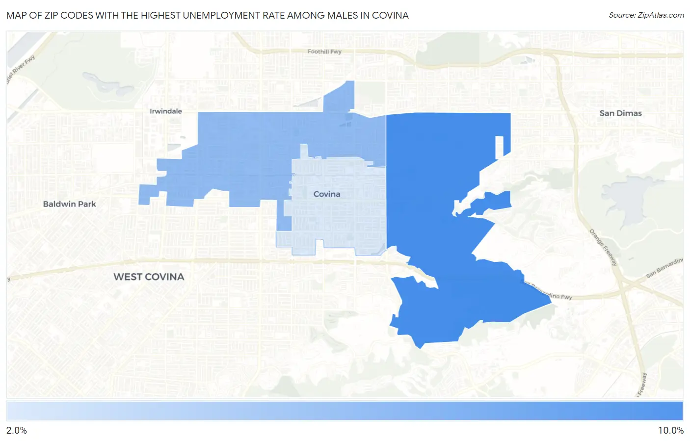 Zip Codes with the Highest Unemployment Rate Among Males in Covina Map