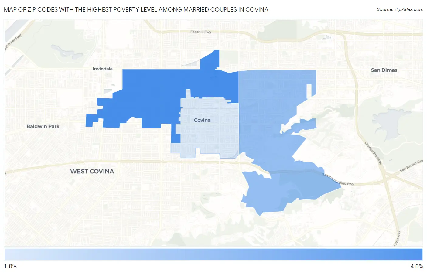 Zip Codes with the Highest Poverty Level Among Married Couples in Covina Map