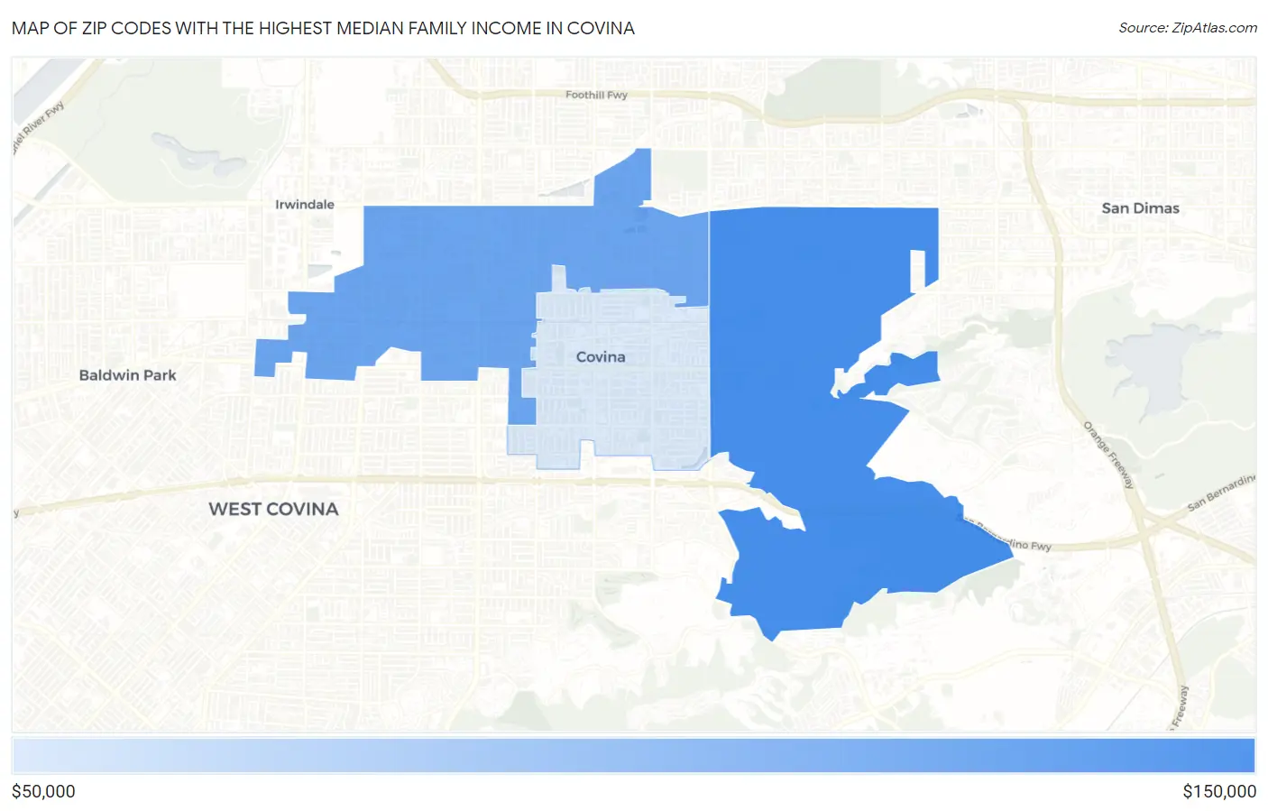 Zip Codes with the Highest Median Family Income in Covina Map