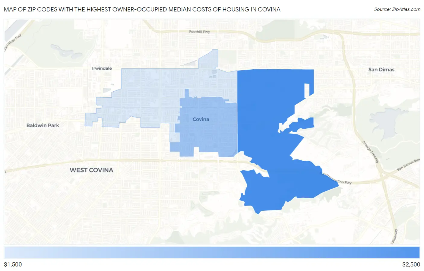 Zip Codes with the Highest Owner-Occupied Median Costs of Housing in Covina Map
