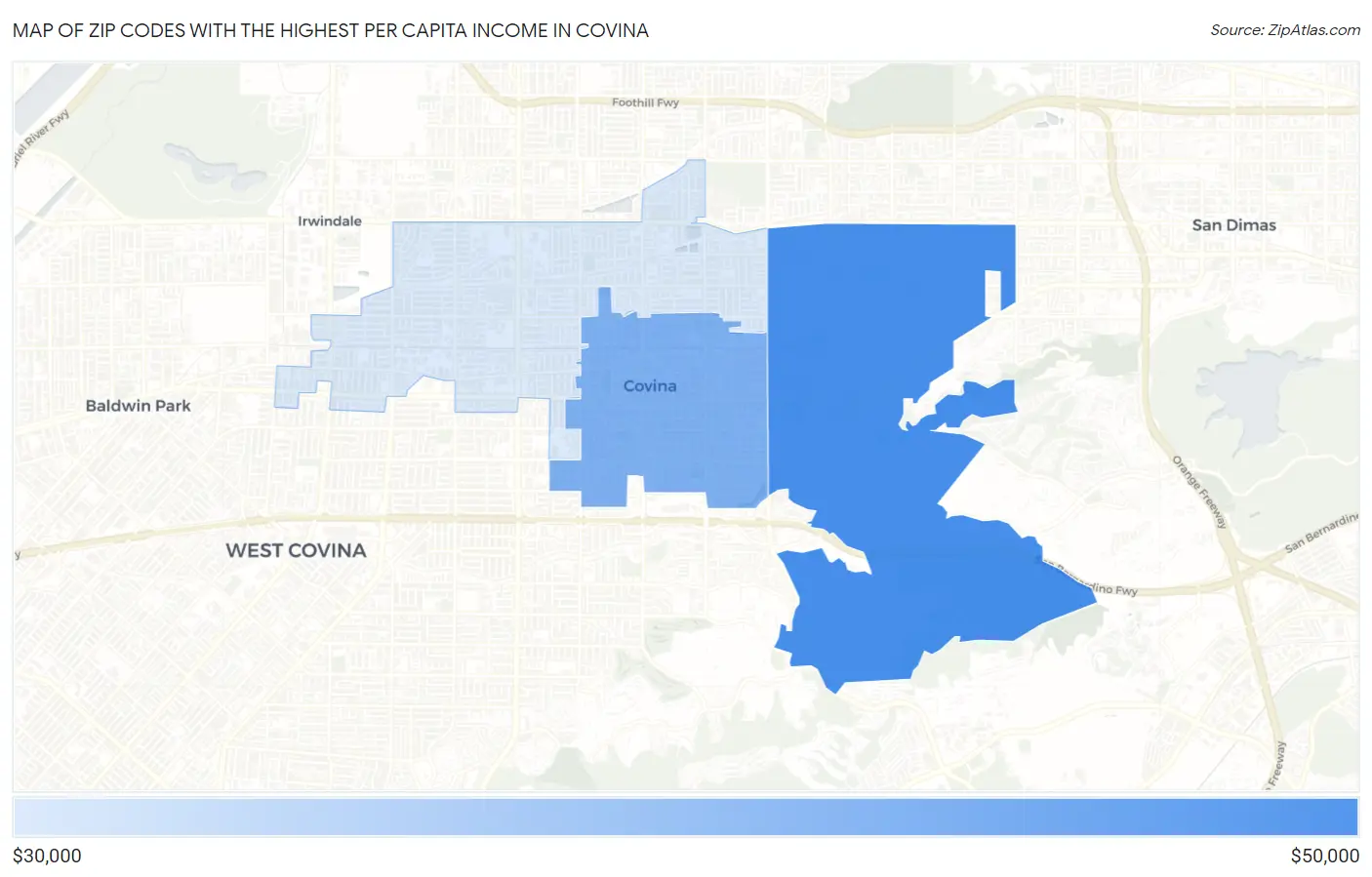 Zip Codes with the Highest Per Capita Income in Covina Map