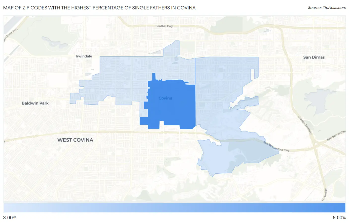 Zip Codes with the Highest Percentage of Single Fathers in Covina Map