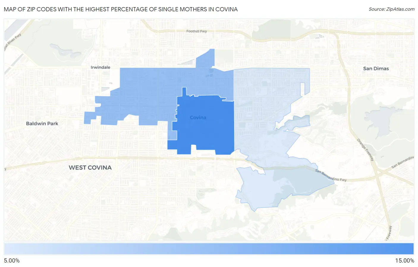 Zip Codes with the Highest Percentage of Single Mothers in Covina Map